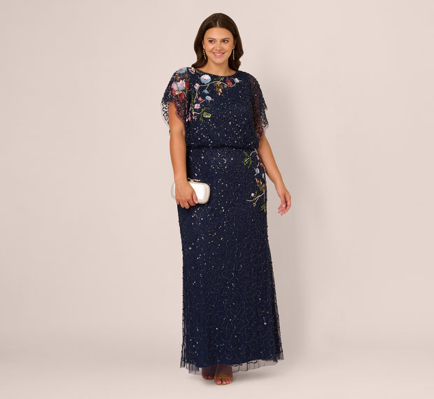 aidan mattox Plus Size Multicolor Floral Beaded Mermaid Gown With Dolman Sleeves In