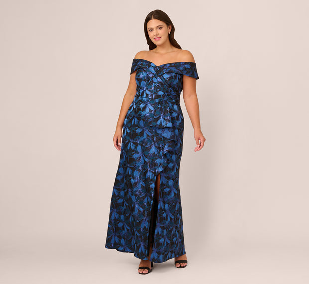 Aidan Mattox Plus Size Off Shoulder Jacquard Gown In Blue Multi