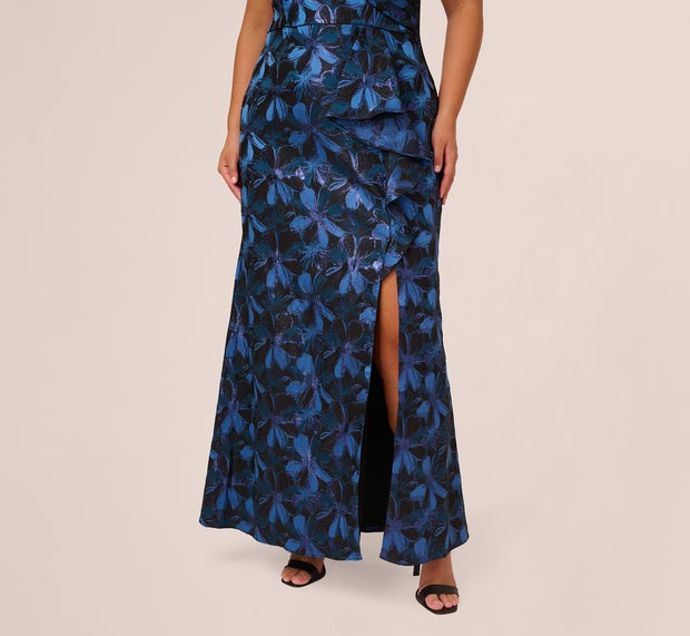 Aidan Mattox Plus Size Off Shoulder Jacquard Gown In Blue Multi