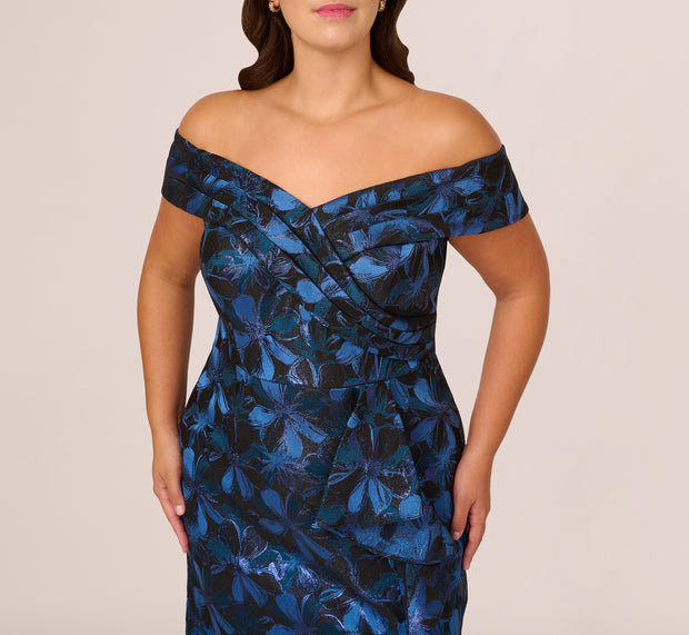 Aidan Mattox Plus Size Off Shoulder Jacquard Gown In Blue Multi