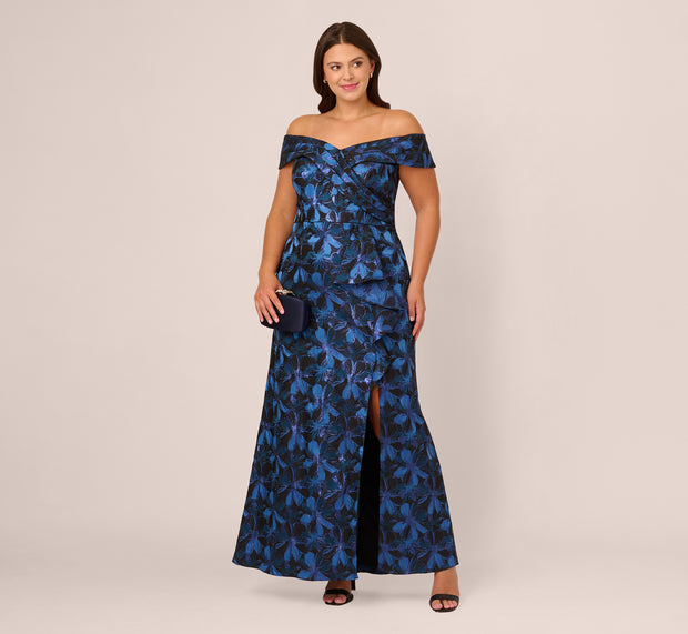 aidan mattox Plus Size Off Shoulder Jacquard Gown In Blue Multi