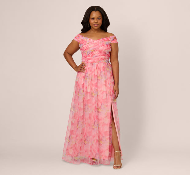 Aidan Mattox Plus Size Off Shoulder Watercolor Print Tulle Gown In Pink Multi