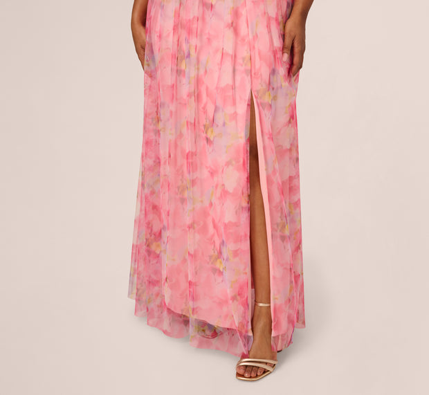 Aidan Mattox Plus Size Off Shoulder Watercolor Print Tulle Gown In Pink Multi