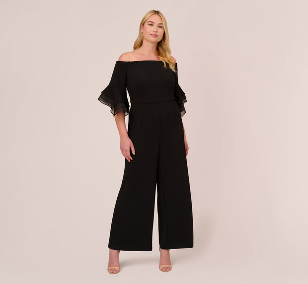Aidan Mattox Plus Size Off The Shoulder Crepe Jumpsuit With Organza Sleeves In Blac
