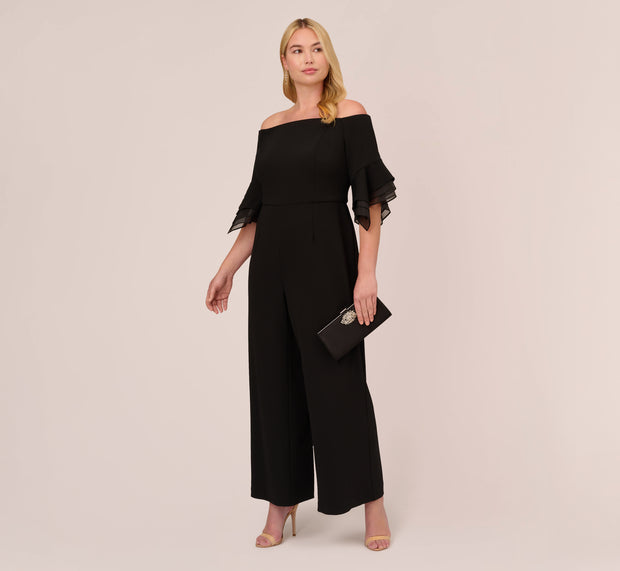 aidan mattox Plus Size Off The Shoulder Crepe Jumpsuit With Organza Sleeves In Blac