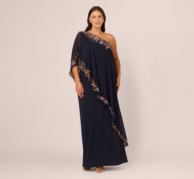 Aidan Mattox Plus Size One Shoulder Bead Chiffon Cape Dress In Navy Rosegold