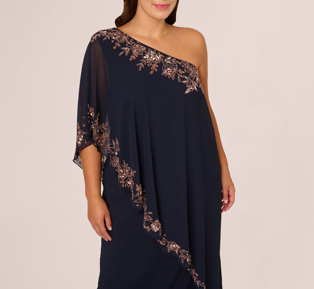 Aidan Mattox Plus Size One Shoulder Bead Chiffon Cape Dress In Navy Rosegold