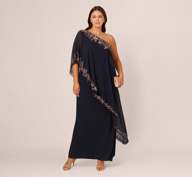 aidan mattox Plus Size One Shoulder Bead Chiffon Cape Dress In Navy Rosegold