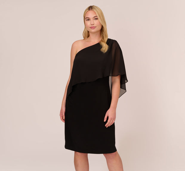 Aidan Mattox Plus Size One Shoulder Dress With Chiffon Cape In Black