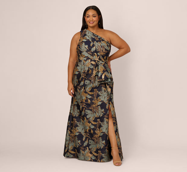 Aidan Mattox Plus Size One Shoulder Jacquard Dress In Blue Gold