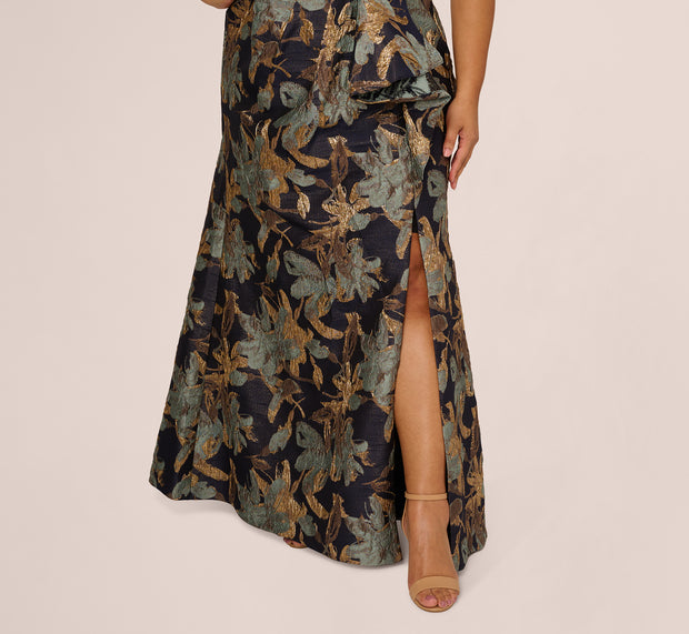 Aidan Mattox Plus Size One Shoulder Jacquard Dress In Blue Gold