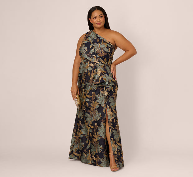 aidan mattox Plus Size One Shoulder Jacquard Dress In Blue Gold