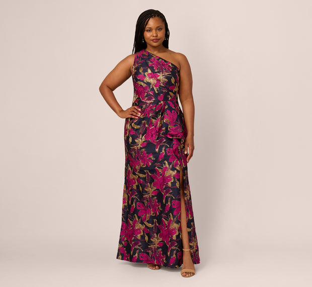 Aidan Mattox Plus Size One Shoulder Jacquard Dress In Navy Pink
