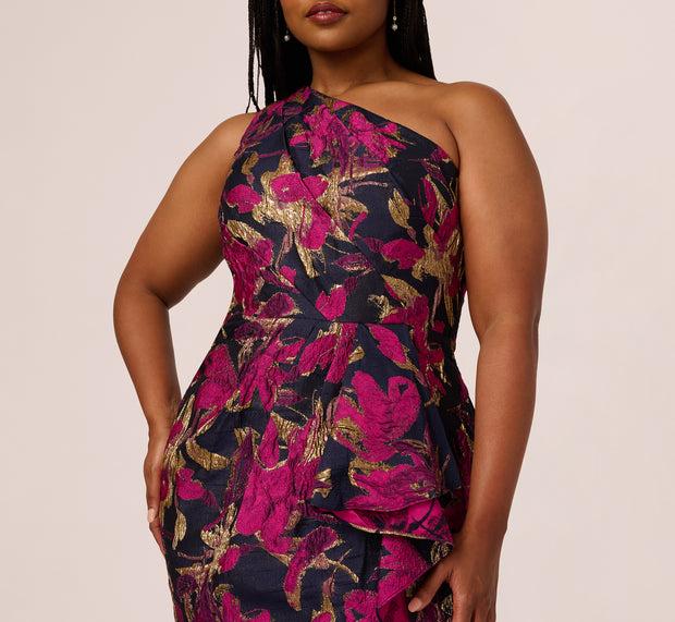 Aidan Mattox Plus Size One Shoulder Jacquard Dress In Navy Pink