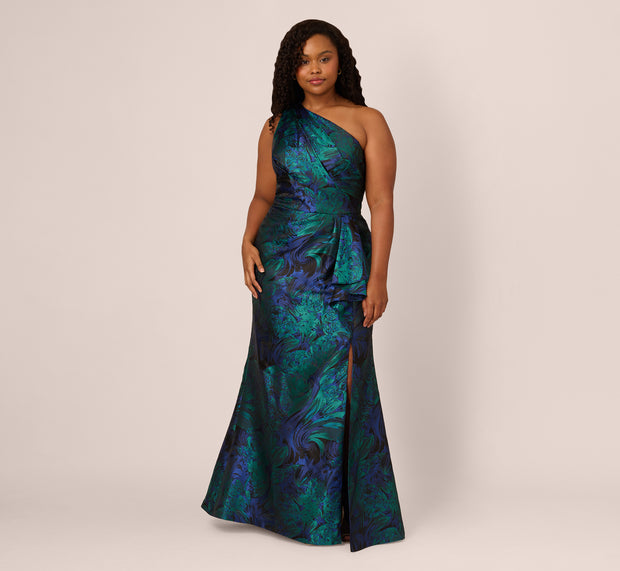Aidan Mattox Plus Size One Shoulder Jacquard Mermaid Gown With Drape Detail In Coba