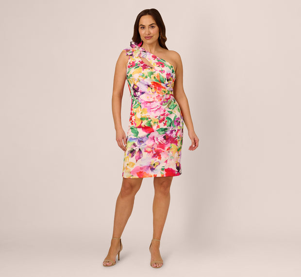 Aidan Mattox Plus Size One Shoulder Rosette Floral Sheath Dress In Pink Multi