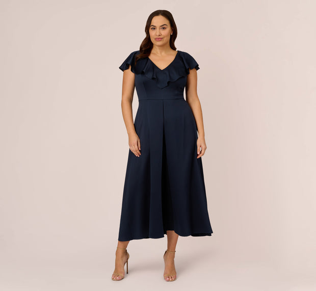 Aidan Mattox Plus Size Satin Crepe Ruffled Cropped Jumpsuit In Dark Navy