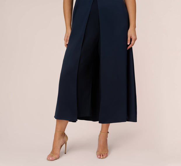 Aidan Mattox Plus Size Satin Crepe Ruffled Cropped Jumpsuit In Dark Navy