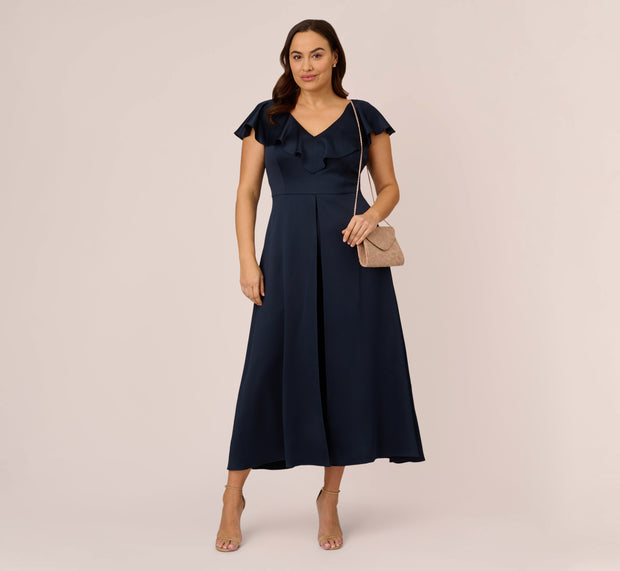 aidan mattox Plus Size Satin Crepe Ruffled Cropped Jumpsuit In Dark Navy