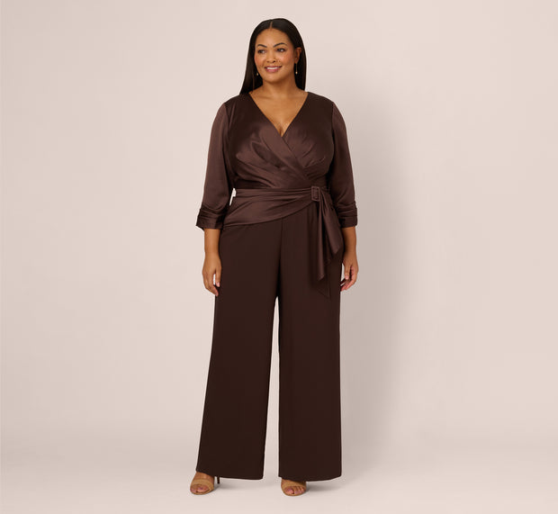 Aidan Mattox Plus Size Satin Crepe Three Quarter Sleeve Jumpsuit With Buckle Waist