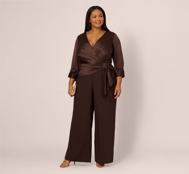 aidan mattox Plus Size Satin Crepe Three Quarter Sleeve Jumpsuit With Buckle Waist