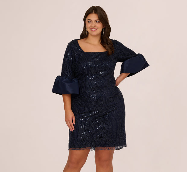 Aidan Mattox Plus Size Sequin Embroidered Dress With Taffeta Bell Sleeves In Midnig