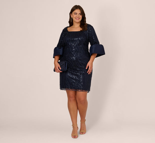 aidan mattox Plus Size Sequin Embroidered Dress With Taffeta Bell Sleeves In Midnig