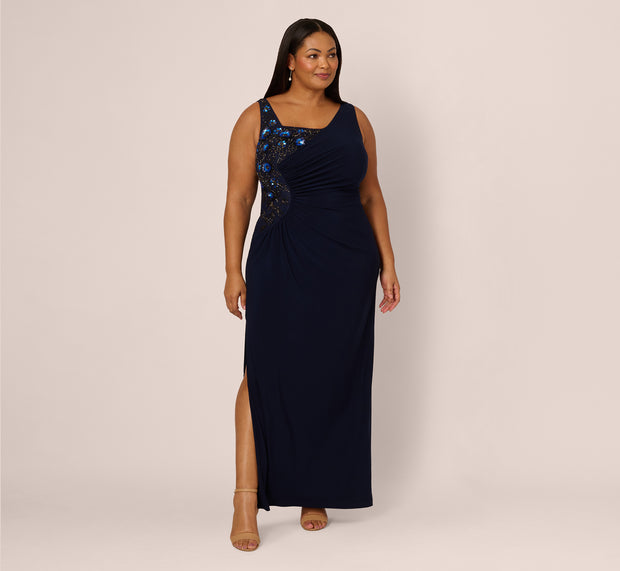 Aidan Mattox Plus Size Sleeveless Asymmetrical Floral Beaded Jersey Gown In Midnigh