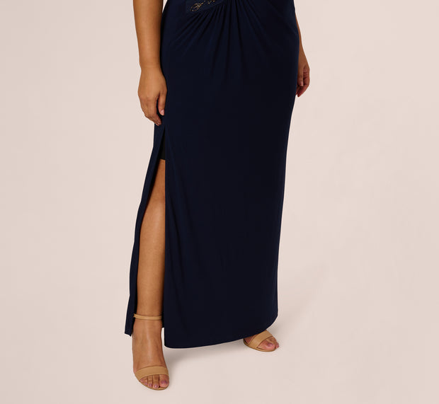 Aidan Mattox Plus Size Sleeveless Asymmetrical Floral Beaded Jersey Gown In Midnigh