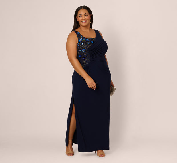 aidan mattox Plus Size Sleeveless Asymmetrical Floral Beaded Jersey Gown In Midnigh