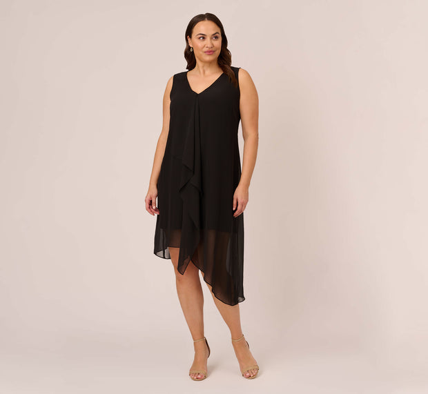 Aidan Mattox Plus Size Sleeveless Chiffon Dress With Cascading Details In Black