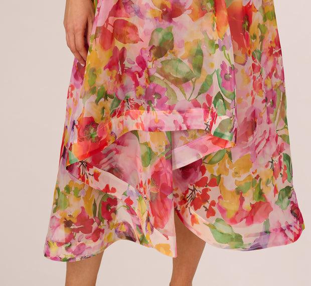 Aidan Mattox Plus Size Sleeveless Floral Organza Collared High Low Dress In Pink Mu