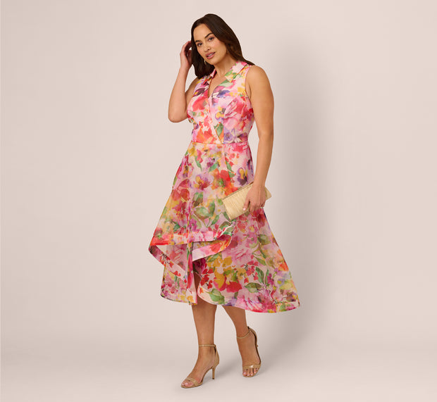 aidan mattox Plus Size Sleeveless Floral Organza Collared High Low Dress In Pink Mu