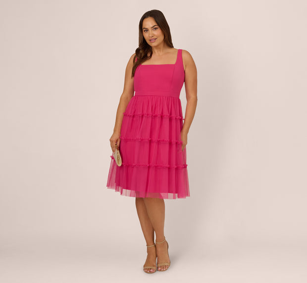 aidan mattox Plus Size Sleeveless Midi Dress With Square Neck And Tiered Skirt In B