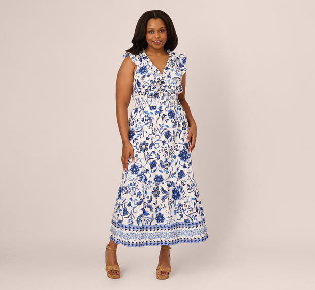 Aidan Mattox Plus Size Sleeveless Ruffle Collar Printed Midi Dress In White Blue Mu
