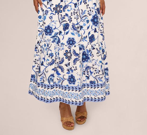 Aidan Mattox Plus Size Sleeveless Ruffle Collar Printed Midi Dress In White Blue Mu
