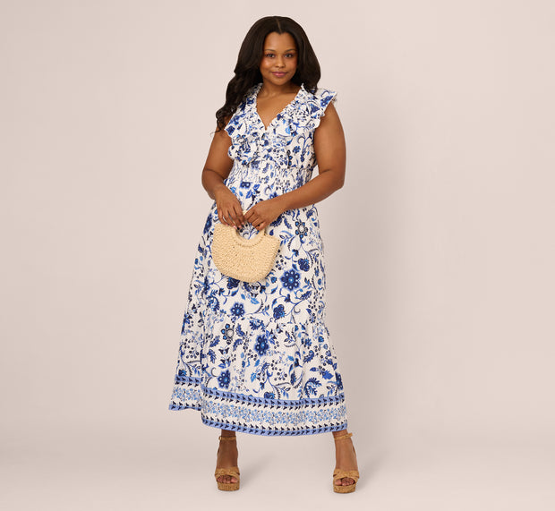 aidan mattox Plus Size Sleeveless Ruffle Collar Printed Midi Dress In White Blue Mu