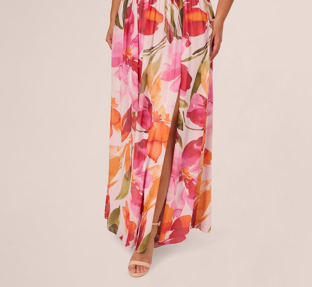 Aidan Mattox Plus Size Sleeveless Surplice Floral Chiffon Gown In Pink Orange Multi