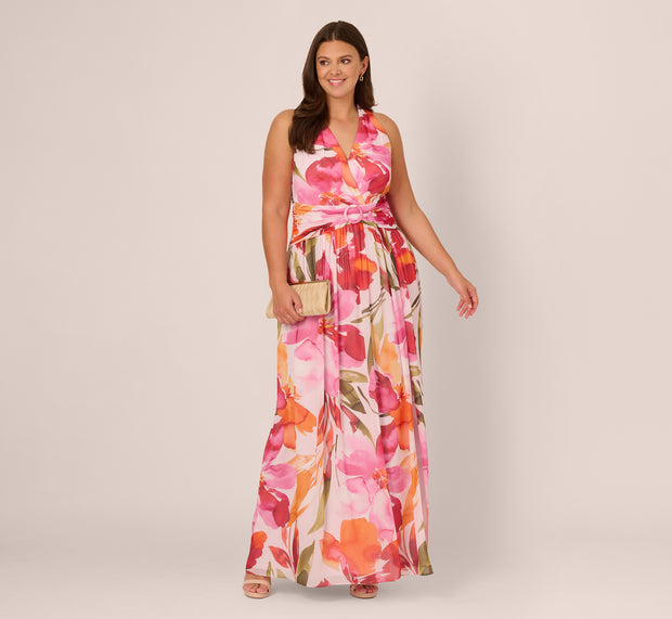 aidan mattox Plus Size Sleeveless Surplice Floral Chiffon Gown In Pink Orange Multi