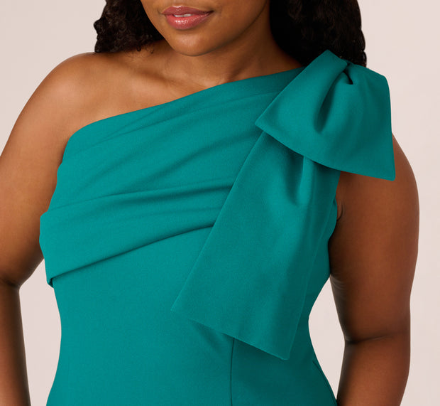 Aidan Mattox Plus Size Stretch Crepe One Shoulder Mermaid Gown With Bow Accent In T