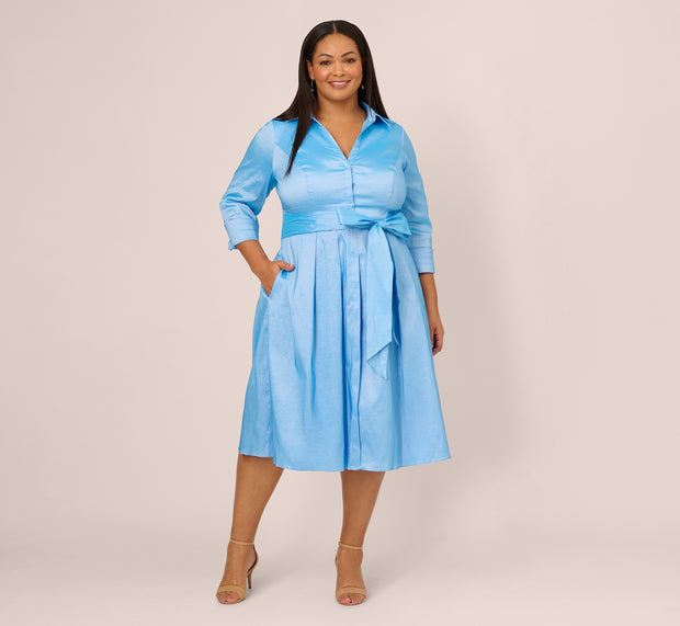 Aidan Mattox Plus Size Three Quarter Sleeve Taffeta Midi Shirt Dress In Bluebell