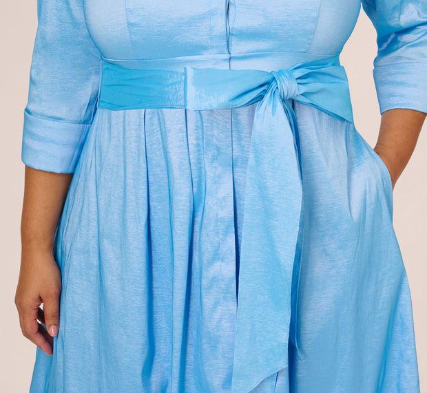 Aidan Mattox Plus Size Three Quarter Sleeve Taffeta Midi Shirt Dress In Bluebell