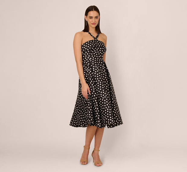 Aidan Mattox Polka Dot Halter Fit And Flare Midi Dress In Black Ivory
