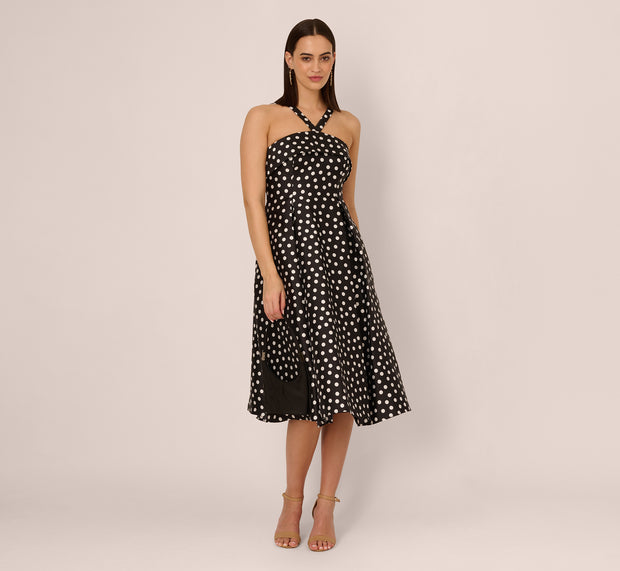 aidan mattox Polka Dot Halter Fit And Flare Midi Dress In Black Ivory