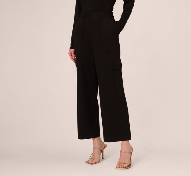 Aidan Mattox Ponte Knit Wide Leg Cargo Pant In Black