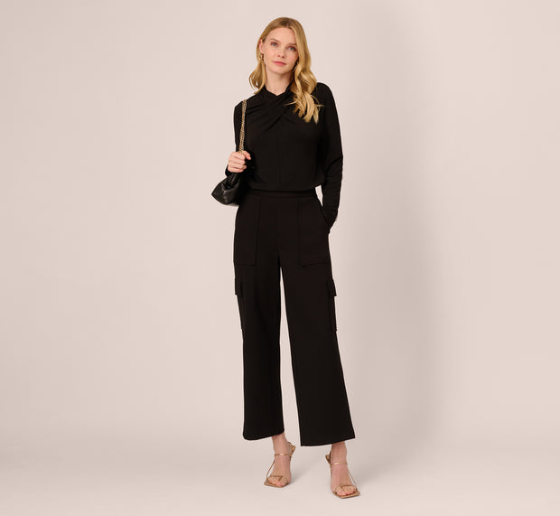 aidan mattox Ponte Knit Wide Leg Cargo Pant In Black