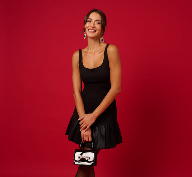 aidan mattox Ponte Taffeta Drop Waist Flounce Dress In Black