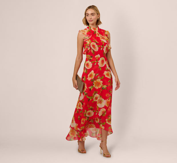 Aidan Mattox Printed Chiffon Mock Neck Ankle Dress In Coral Multi