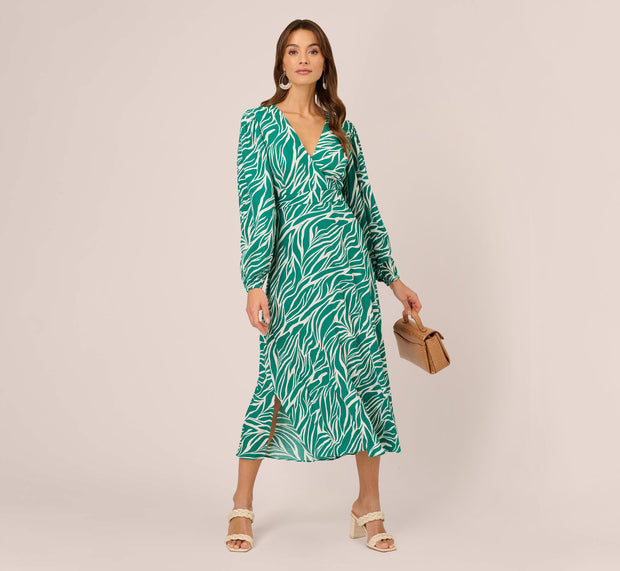 Aidan Mattox Printed Faux Wrap Dress With Bishop Long Sleeves In Green Ivory