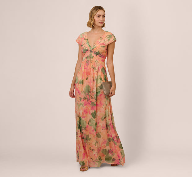 Aidan Mattox Printed Front Twist Gown In Blush Multi